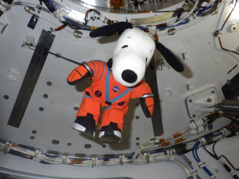 Snoopy plush in an orange spacesuit inside the Artemis I Orion capsule