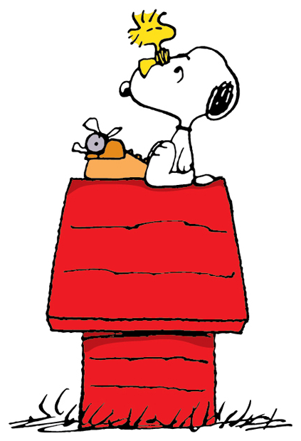 Snoopy sitting on his red doghouse with Woodstock perched on his head