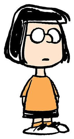 Marcie wearing round glasses and an orange shirt, shown head to toe