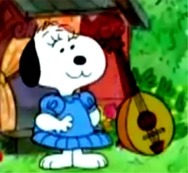 Molly in a blue dress beside her mandolin in Snoopy’s Reunion