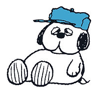 Olaf sitting in his blue cap, with his full face, round body, and paws visible