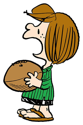 Peppermint Patty in a green shirt and sandals holding a football, shown head to toe