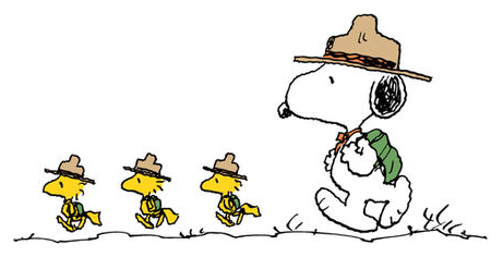 Snoopy in a scout hat walking with three yellow bird scouts