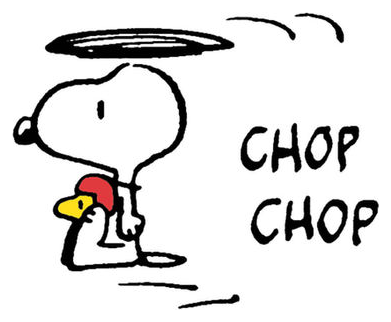 Snoopy pretending to be a helicopter while holding Woodstock; the words CHOP CHOP appear beside them